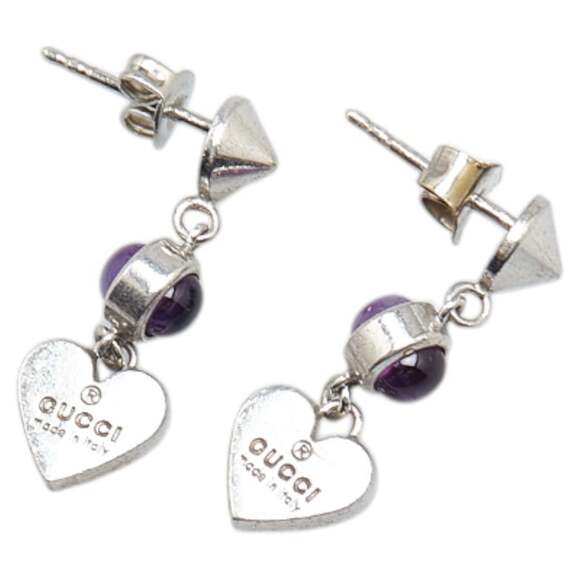 Gucci Heart Motif Earrings in Silver and Purple with Amethyst SV925 for Women.